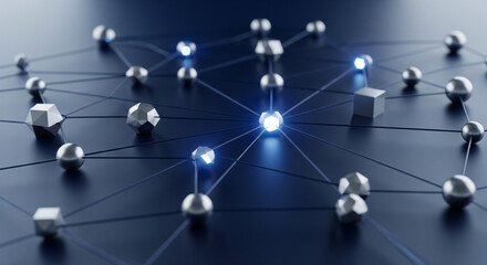 Abstract network of connected spheres and cubes with glowing central node