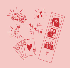 Romantic love elements dice, heart shapes, ring, cards, photo drawing in cute vintage style with red on pink background