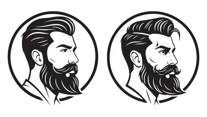 Two stylized black and white illustrations of men with beards and styled hair in profile view within circles.