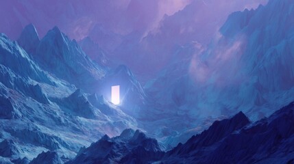 Dramatic twilight landscape with towering snow capped mountains and a glowing rectangular structure amidst rugged terrai