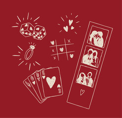Romantic love elements dice, heart shapes, ring, cards, photo drawing in cute vintage style with beige on red background