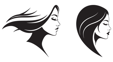 Set of two black and white vector illustrations of a woman's profile with flowing hair.