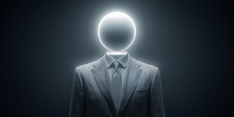 Glowing head figure in suit with tie, surreal futuristic concept with dark background