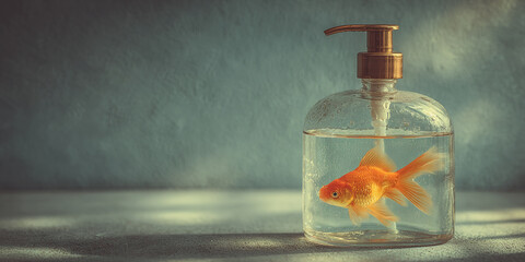 Goldfish swimming inside transparent soap dispenser with water, surreal concept