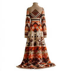 Long knitted dress with geometric patterns against white backdrop
