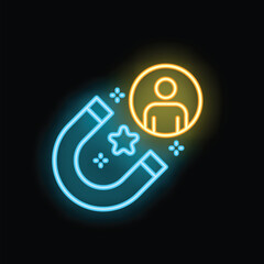 Neon icon of a blue magnet attracting a yellow customer icon, with stars around on a black background, representing customer attraction and marketing