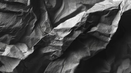 Crumpled paper texture in grayscale with intricate folds creating deep shadows and highlights under top lighting,