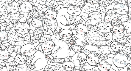 Whimsical Hand-Drawn Cute Cat Pattern Seamless Background for Textile Design and Children's Stationery Featuring Adorable Feline Friends in Various