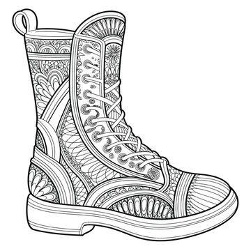 Detailed steampunk combat boot adult coloring page vector illustration scalable eps icon for creative projects silhouette vector illustration white background