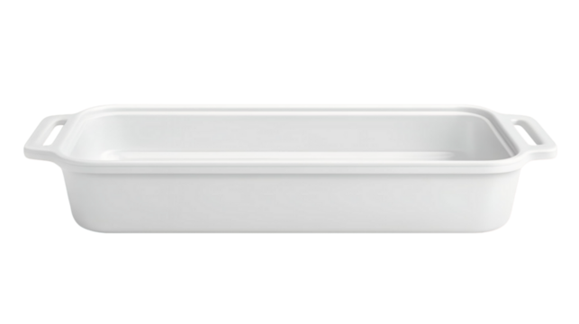 White rectangular baking dish with handles on transparent background