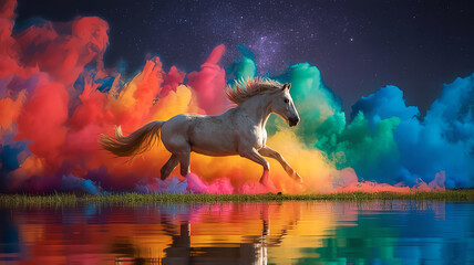 Majestic White Horse Running Through Colorful Powder Clouds in Fantasy Night Sky, Magical Galloping Horse Surrounded by Neon Dust and Cosmic Background