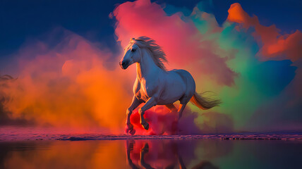 Majestic White Horse Running Through Colorful Powder Clouds in Fantasy Night Sky, Magical Galloping Horse Surrounded by Neon Dust and Cosmic Background