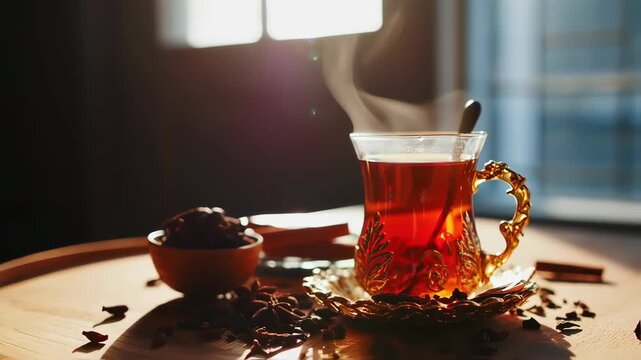 A glass of steaming tea, ornate gold accents, and spices on a wooden tray. Sunlight streams through a window, creating a warm atmosphere
