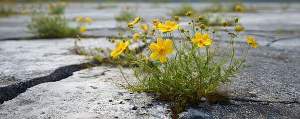 Yellow flowers blooming vibrantly through cracks in a concrete surface, symbolizing resilience and hope
