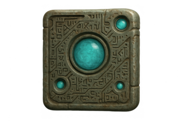 Ancient mystical stone tablet with glowing turquoise gems