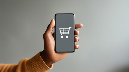 A smartphone with a shopping cart icon. Shopping cart. Purchases via the smartphone app. Black friday.