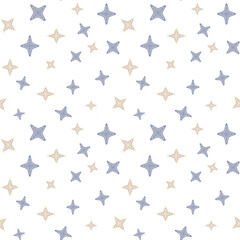 Serene seamless pattern of scattered, geometric four-pointed stars in a minimalist periwinkle blue and peach palette, ideal for Scandinavian or mid-century modern designs.