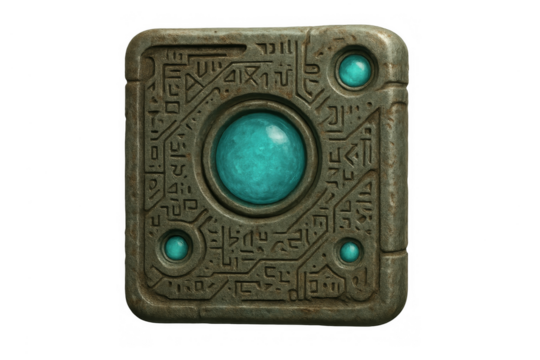 Ancient mystical stone tablet with glowing turquoise gems