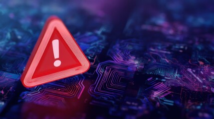 A red warning triangle with a white exclamation mark stands out against a complex circuit board with blue and purple glo