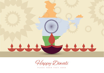Happy Diwali Festival Greeting Background with Indian Flag Map, Glowing Diya Lamps, Vibrant Celebration Theme, and Elegant Indian Holiday Artwork for Greeting Card or Poster