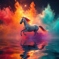 Majestic White Horse Running Through Colorful Powder Clouds in Fantasy Night Sky, Magical Galloping Horse Surrounded by Neon Dust and Cosmic Background