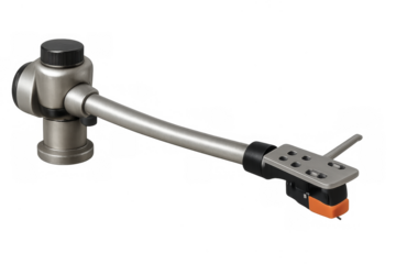 Turntable tonearm with cartridge headshell on transparent background