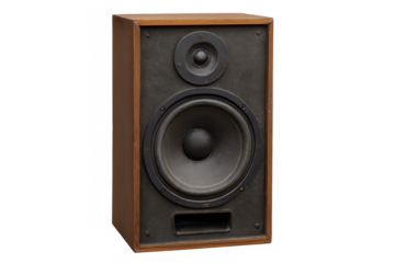 Vintage audio speaker producing hifi sound on transparent background