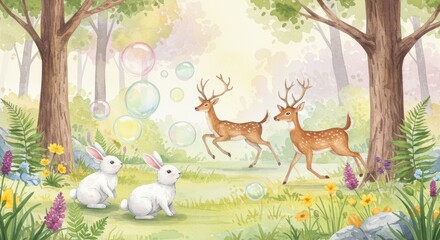 Enchanting watercolor woodland scene featuring two playful white rabbits observing a pair of curious spotted deer frolicking amidst a whimsical