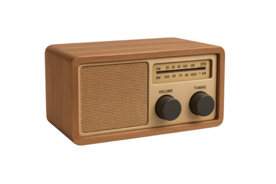 Vintage wooden radio playing broadcast on transparent background