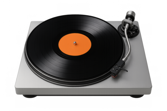 Turntable with vinyl record playing music transparent background