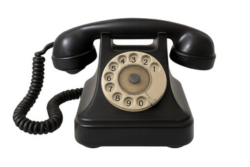 Black rotary telephone with vintage dialing disk on transparent background