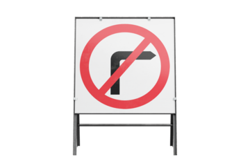 No right turn temporary square road sign isolated, front view