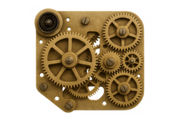 Vintage brass clockwork mechanism with gears isolated