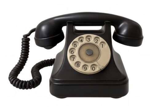 Black rotary telephone with vintage dialing disk on transparent background