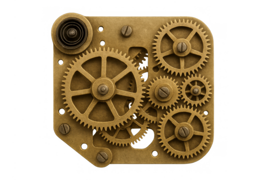 Vintage brass clockwork mechanism with gears isolated