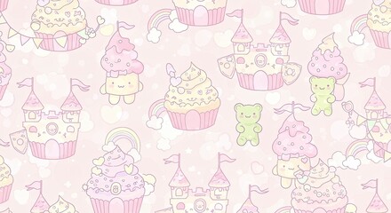 Enchanting pastel pink seamless pattern featuring cute kawaii castles adorned with sprinkles and delightful frosted cupcakes with whimsical unicorns