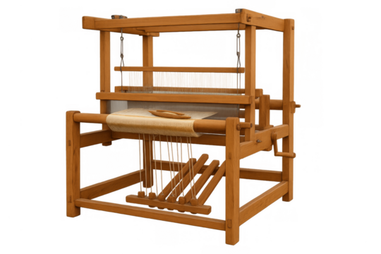 Traditional wooden weaving loom creating handmade textile