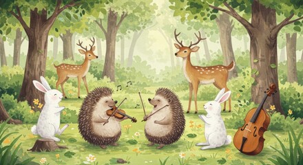 Enchanting Forest Symphony A Whimsical Gathering of Woodland Creatures Playing Music Amidst Lush Greenery Sunlight Filtering Through Trees Creating a