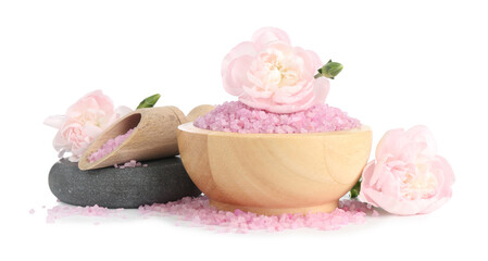 Pink sea salt, spa stones and beautiful flowers isolated on white