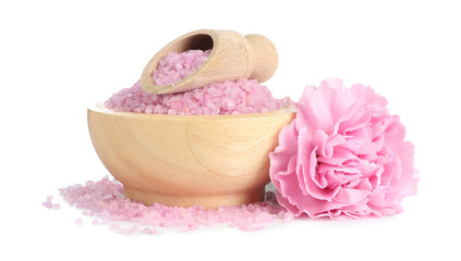 Pink sea salt and beautiful flower isolated on white