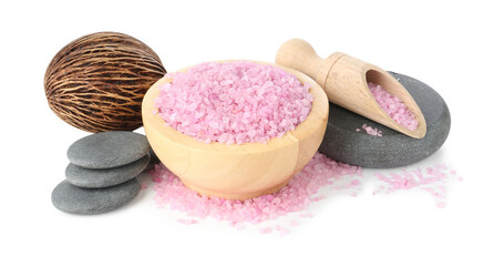 Pink sea salt and spa stones isolated on white