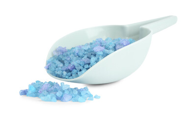 Blue sea salt in scoop isolated on white