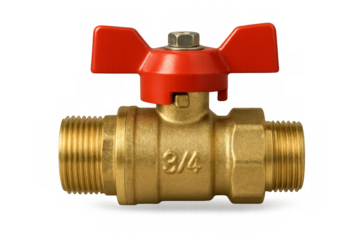 Brass ball valve with red handle and 3/4 inch marking