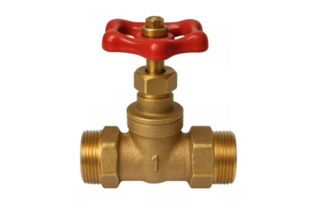 Brass gate valve with red handle controlling plumbing flow