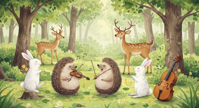 Enchanting Forest Symphony A Whimsical Gathering of Woodland Creatures Playing Music Amidst Lush Greenery Sunlight Filtering Through Trees Creating a