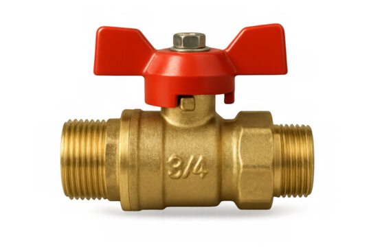 Brass ball valve with red handle and 3/4 inch marking