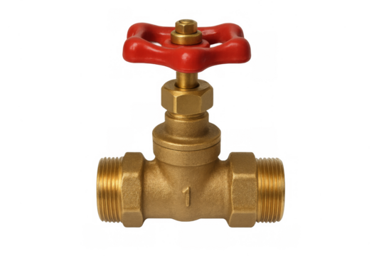 Brass gate valve with red handle controlling plumbing flow