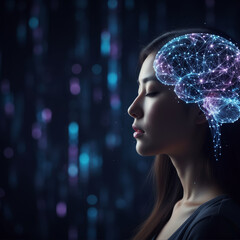 Side profile of a woman with glowing digital brain overlay. Human-AI collaboration, augmented intelligence, and future technology concept
