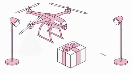 Drone delivering gift aerial view isometric illustration technology pink present package delivery service quadcopter unmanned aerial vehicle gift box ribbon bow lights studio spotl.