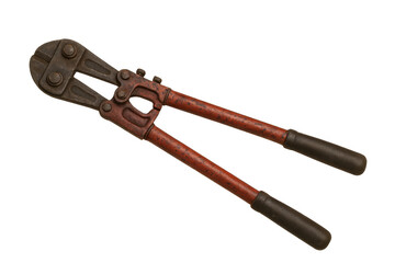 Old rusty bolt cutter tool on transparent background